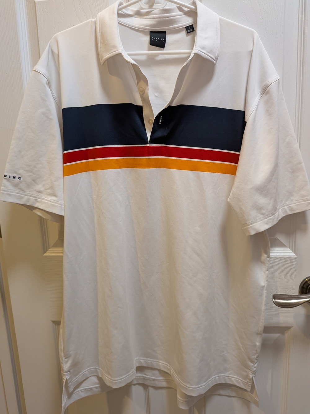Dunning‎ Golf White Men's Polo with Navy, Red and Gold Stripes Size XL